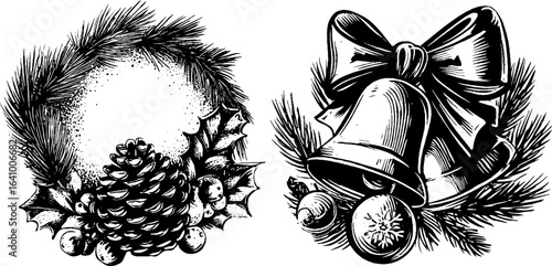 Winter pinecone wreath and bells engraved illustration for holiday decor