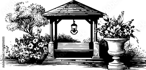 Vintage engraved illustration of a wooden garden gazebo with floral surroundings