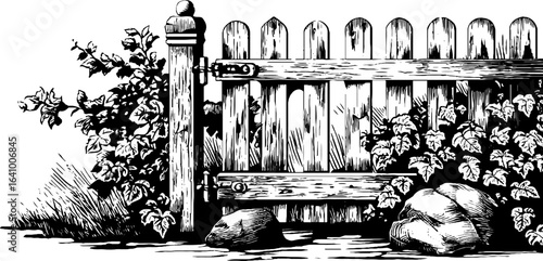 Vintage engraved illustration of wooden picket fence with plants and rocks