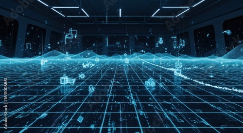 Futuristic cyberspace grid landscape with floating data visualizations and tech patterns