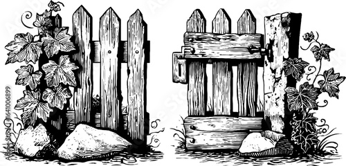 Vintage engraved wooden picket fence with vine details for rustic designs