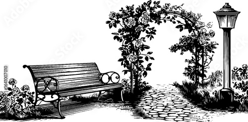 Vintage garden scene with wrought iron bench and floral archway engraving for design use