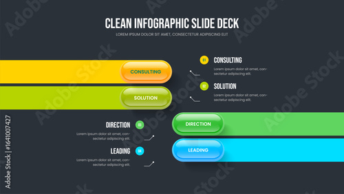 Financial Innovation Four Element Diagram Frame Design. Product Visualization Presentation Layout Vector Illustration. Visual Report 4 Step Infographic Slide Template.