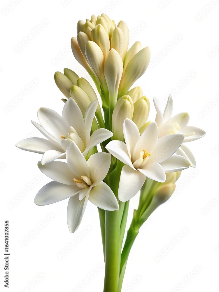 Fototapeta premium Elegant tuberose flowers on a white background displaying delicate white petals and buds
