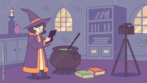 A witch announces sales using a megaphone near a shop with bags on display and striped awning top