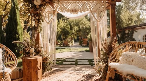 Cozy wedding boho outdoor seating area with vintage sofa, decorative pillows, and bohemian decor, surrounded by nature and soft sunlight, creating a serene atmosphere for relaxation