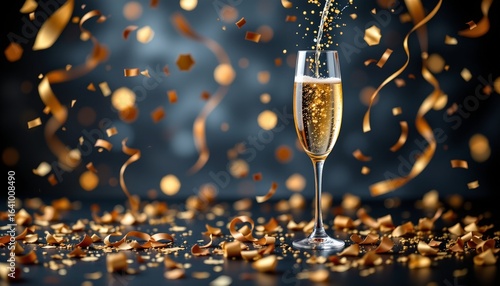 champagne flute with gold confetti, new year's eve, no people, no text, no logo