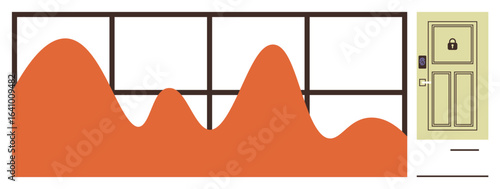 Orange wave graphic next to beige door with keypad and lock. Ideal for security, technology, data flow, privacy, modern design, innovation, and a simple flat metaphor