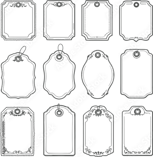 Vintage Label and Tag Icon Set with Ornate Borders, Floral Accents, and Blank Spaces for Text in Elegant Vector Style