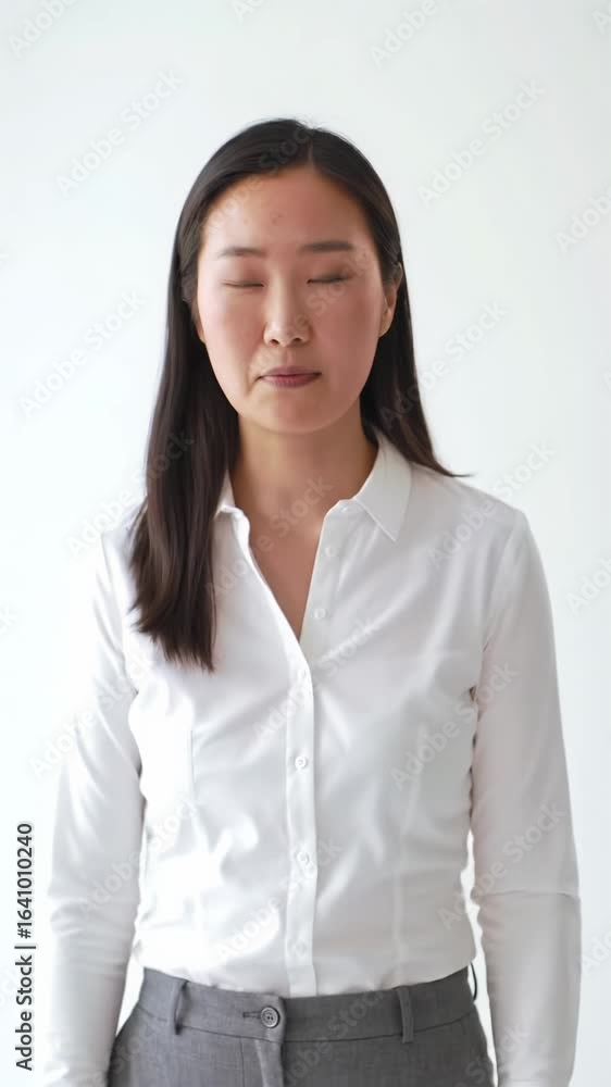 A diverse person in smart-casual attire contemplates, then shifts to an 'aha!' moment on a bright white studio background with a gentle dolly-in. High-key lighting emphasizes understanding and
