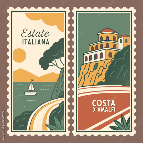 Minimilist two italian themed postage stamps featuring estate italiana and costa d'amalfi landscapes and architecture vector
