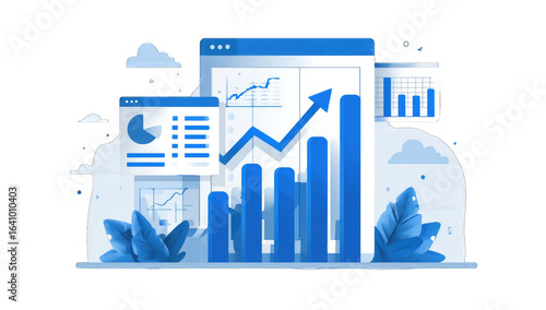 Abstract graphic showcasing data growth.  Multiple charts, graphs, and data visualizations, depicted in shades of blue, represent increasing trends