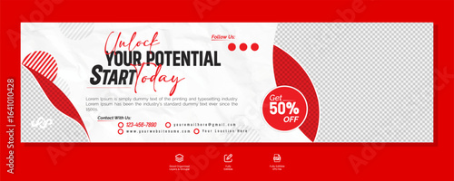 Professional business facebook cover page timeline web ad banner template with photo place modern layout white red accent. Red corporate web banner mockup. Ready to post social web banner template.