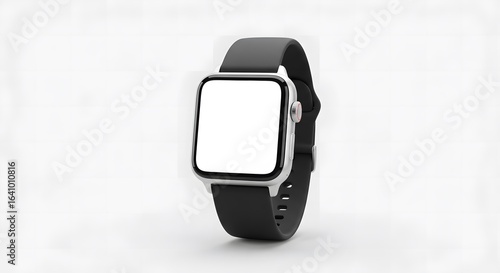 Sleek Silver Smartwatch Mockup with Blank Screen and Black Strap, Isolated on White.