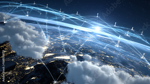 Earth viewed from space at night showing illuminated cities and a network of satellites connected by glowing blue lines representing global communication