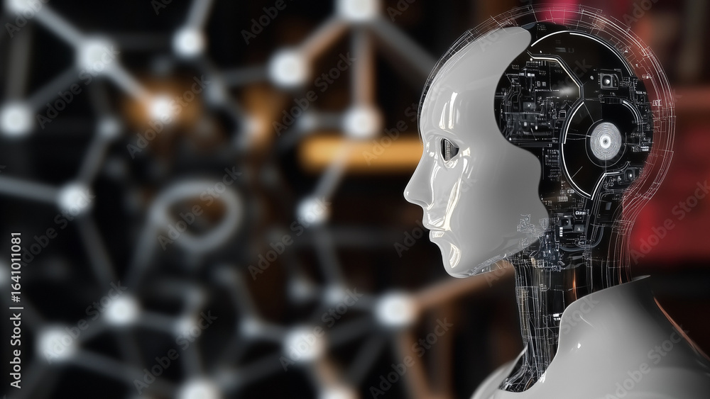 Fototapeta premium Advanced AI Robot Head with Visible Circuitry and Neural Network Background