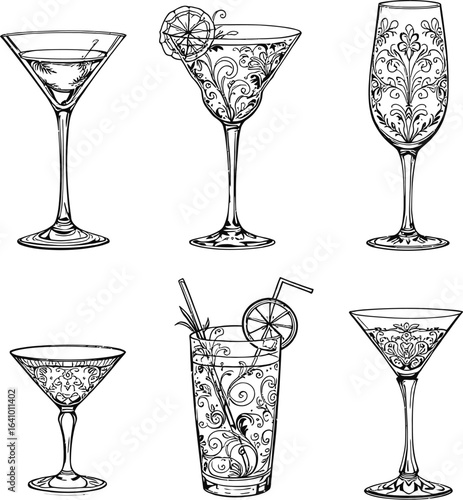 Cocktail Glass Icon Set with Martini, Wine, and Highball Designs Featuring Straws, Umbrellas, and Citrus in Decorative Style