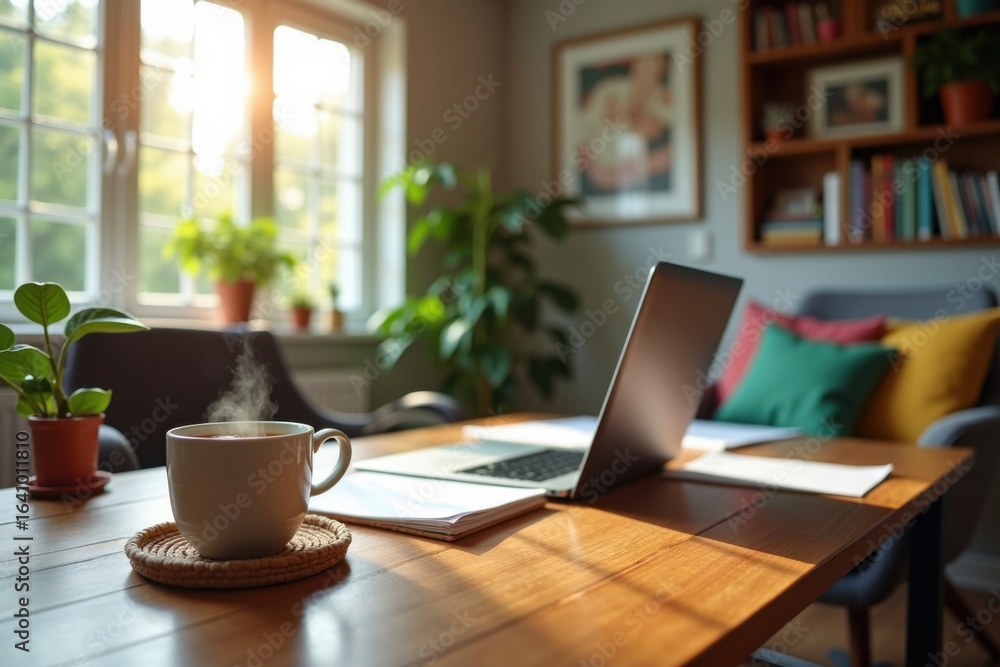 Cozy Home Office Setup with Laptop and Steaming Coffee on Wooden Desk Cozy Home Office Setup with Laptop and Steaming Coffee on Wooden Desk