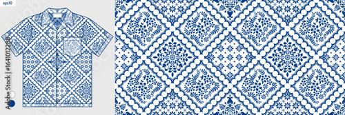 Seamless damask hand drawn floral and line art pattern. mockup summer hawaiian shirt design. for fabric printing, fashion textiles, business illustration and screen printing. Not generated by AI.