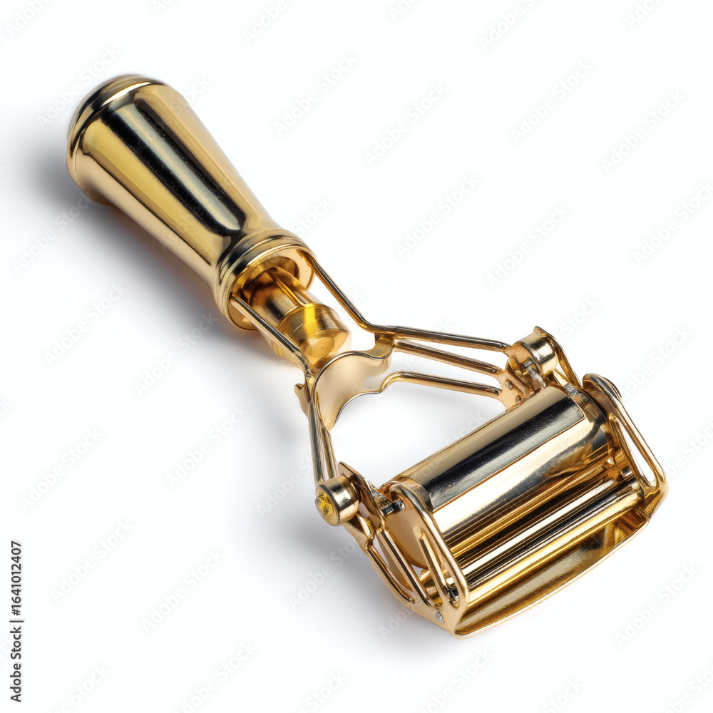 Naklejka premium Close up of a shiny gold plated eyelash curler with a white background showcasing its intricate design