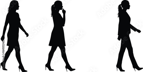 Silhouette of women walking in high heels, thinking, moving forward, business attire, confident pose, fashion concept, side view illustration
