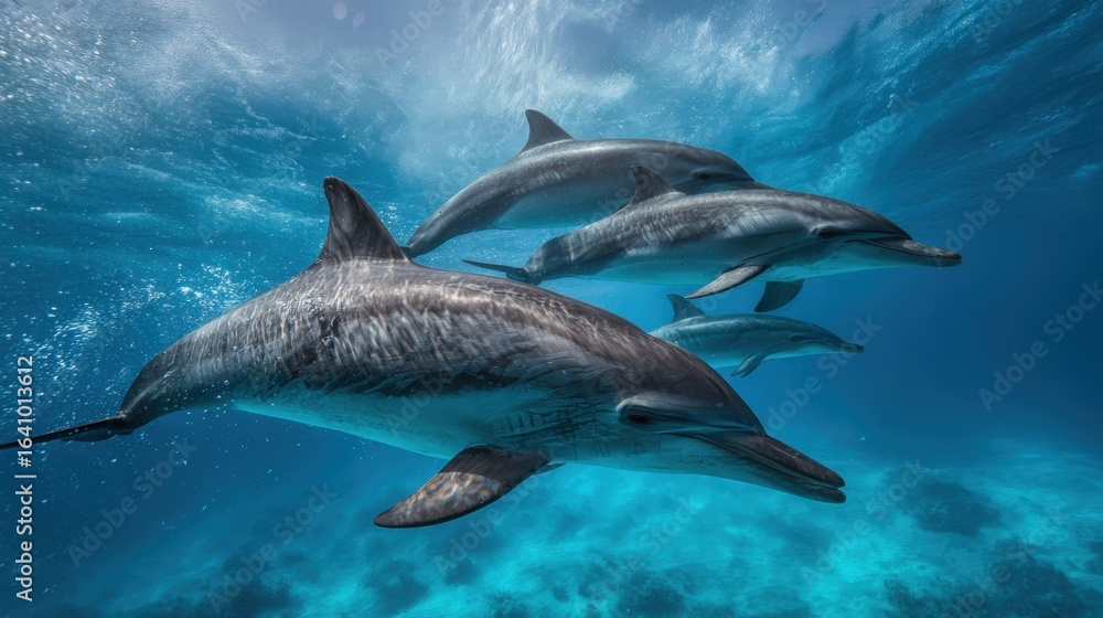 Fototapeta premium Pod of Dolphins Swimming in Blue Ocean Waters, Underwater Marine Life, Ocean Conservation