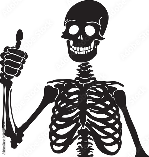 Thumbs-Up Skeleton Vector – Smiling Cartoon Bones with Positive Gesture in Playful Black and White Halloween Illustration