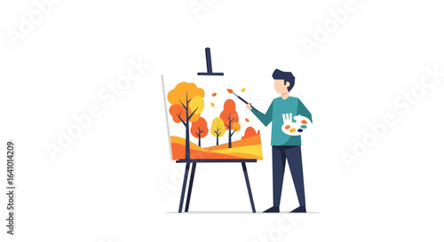 Artist in motion creating vivid autumn scenery on the canvas stand
