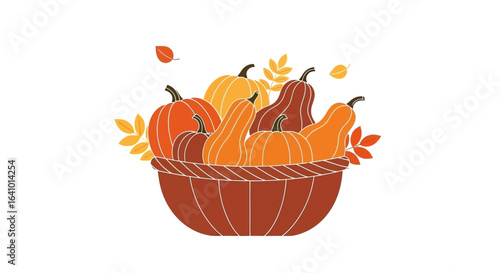 Autumn harvest celebration with pumpkins and gourds in a woven basket