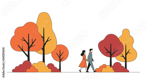 Couple strolling amidst autumn foliage, trees in vibrant seasonal colors background