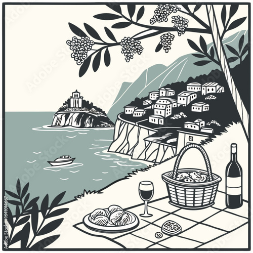 Minimilist a coastal picnic scene with a basket wine and food overlooking the sea and a distant island townscape vector