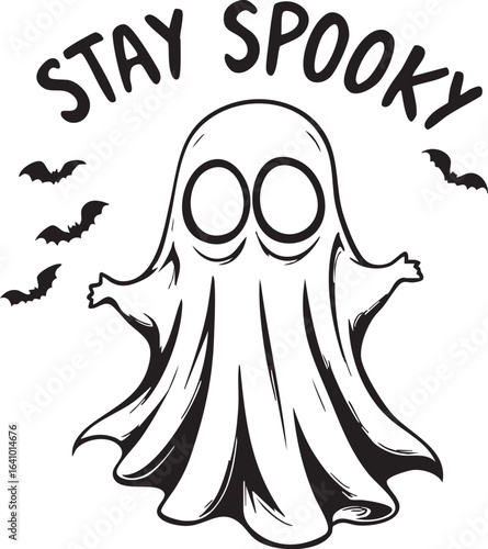 Stay Spooky Halloween Illustration Featuring Cartoon Ghost, Flying Bats, and Fun Typography in Festive Vector Style