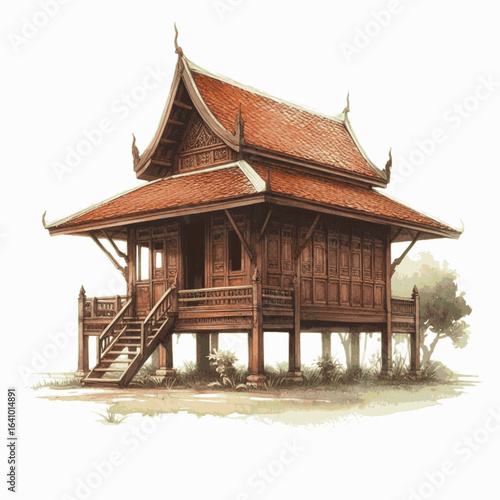 Monsoon Shade Thai house isolated watercolor vector illustration svg