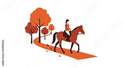 Illustration of a horsewoman riding through an autumnal forest road