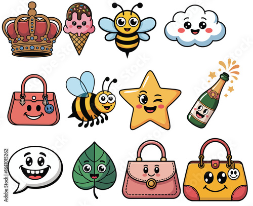 Collection of cartoon style objects including a crown, ice cream, and various accessories