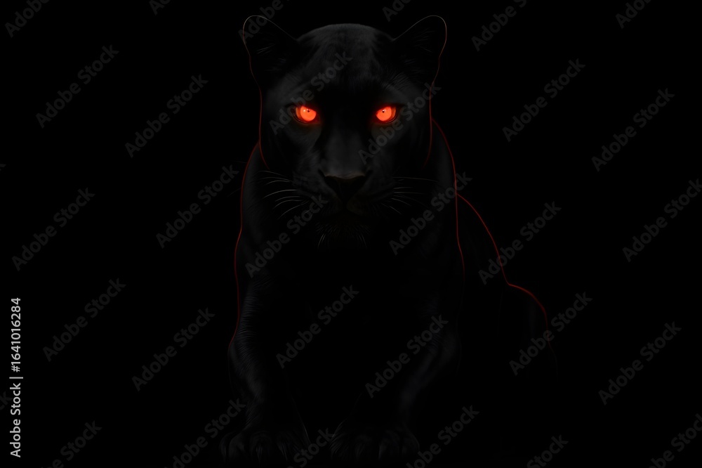 Obraz premium Black Panther with Fiery Red Glowing Eyes on a Dark Background