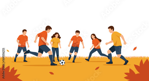 Autumn football: Friends playing soccer in a park during fall season