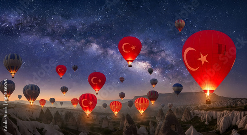 Cappadocia Hot Air Balloons at Night with Milky Way, Turkey Scenery