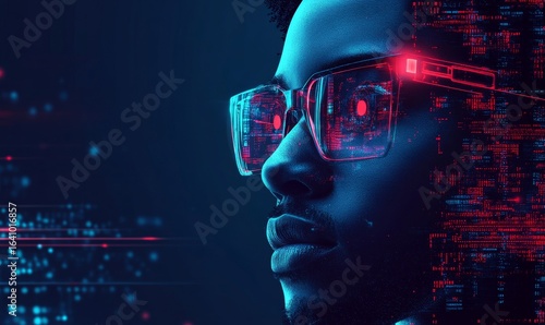 AI cybersecurity threat illustration, featuring a Black African American IT specialist. This concept showcases artificial intelligence facial recognition technology, emphasizing, Generative AI