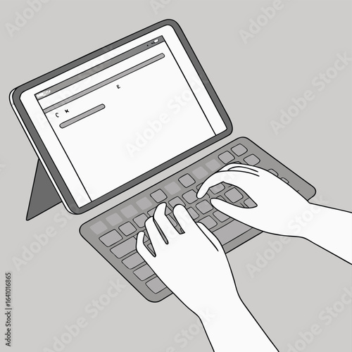 Tablet Keyboard and Typing: An illustrative scene depicts a hand expertly typing on a tablet's attached keyboard, a testament to modern work habits and the embrace of digital technology.