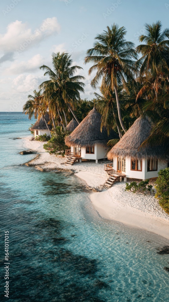 Fototapeta premium White Thatched Huts on a Tropical Beach.