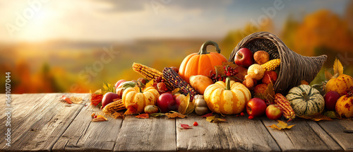 A rustic autumn cornucopia spilling pumpkins, gourds, apples, and Indian corn onto a wooden table with a blurred fall landscape in the background