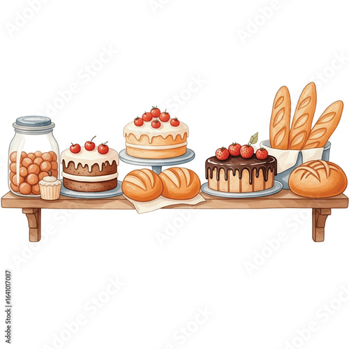 Variety of baked goods including cakes, bread, and pastries are displayed on wooden shelf, creating delightful and appetizing scene