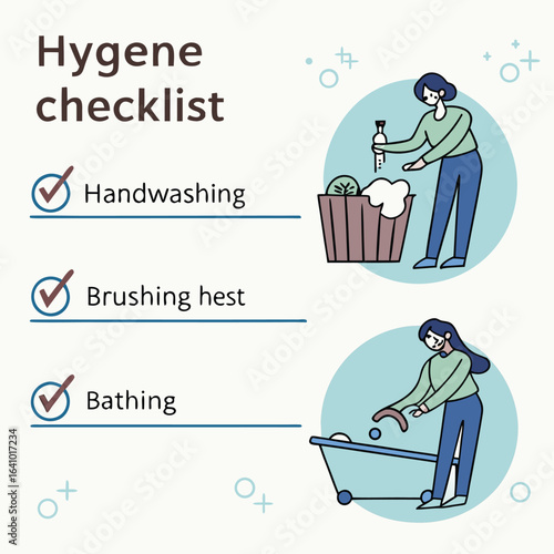 Hygiene Checklist Illustration: A clear hygiene checklist highlighting essential habits for personal health and well-being, promoting a healthy lifestyle.