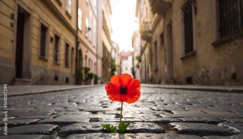 orld Humanitarian Day — single red flower blooming between cobblestones on a quiet urban street, symbolizing resilience, hope, and the beauty of life emerging in hardship