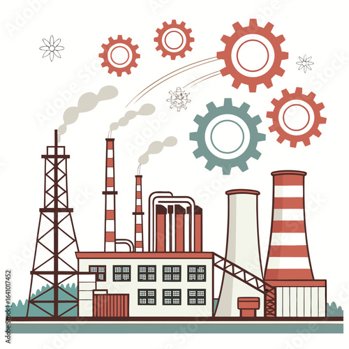 Industrial Powerhouse: A stylized factory illustration depicts a powerhouse of industry, with belching smokestacks and interconnected gears symbolizing production, innovation.