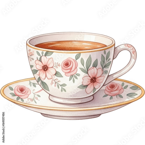 Floral patterned teacup filled with tea sits on matching saucer, evoking sense of elegance and tranquility