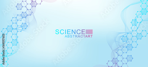 Modern scientific background with hexagons, lines and dots. Wave flow abstract background. Molecular structure for medical, technology, chemistry, science. Vector illustration