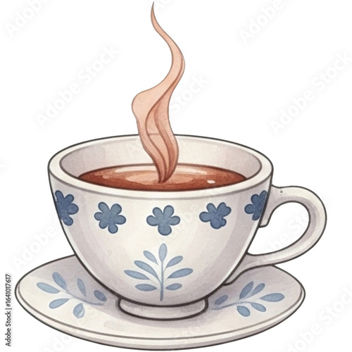 Steaming cup of coffee in floral patterned teacup on matching saucer