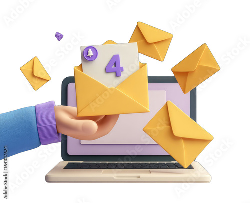 Hand holding an open envelope with multiple envelopes flying around a laptop, suggesting email notifications